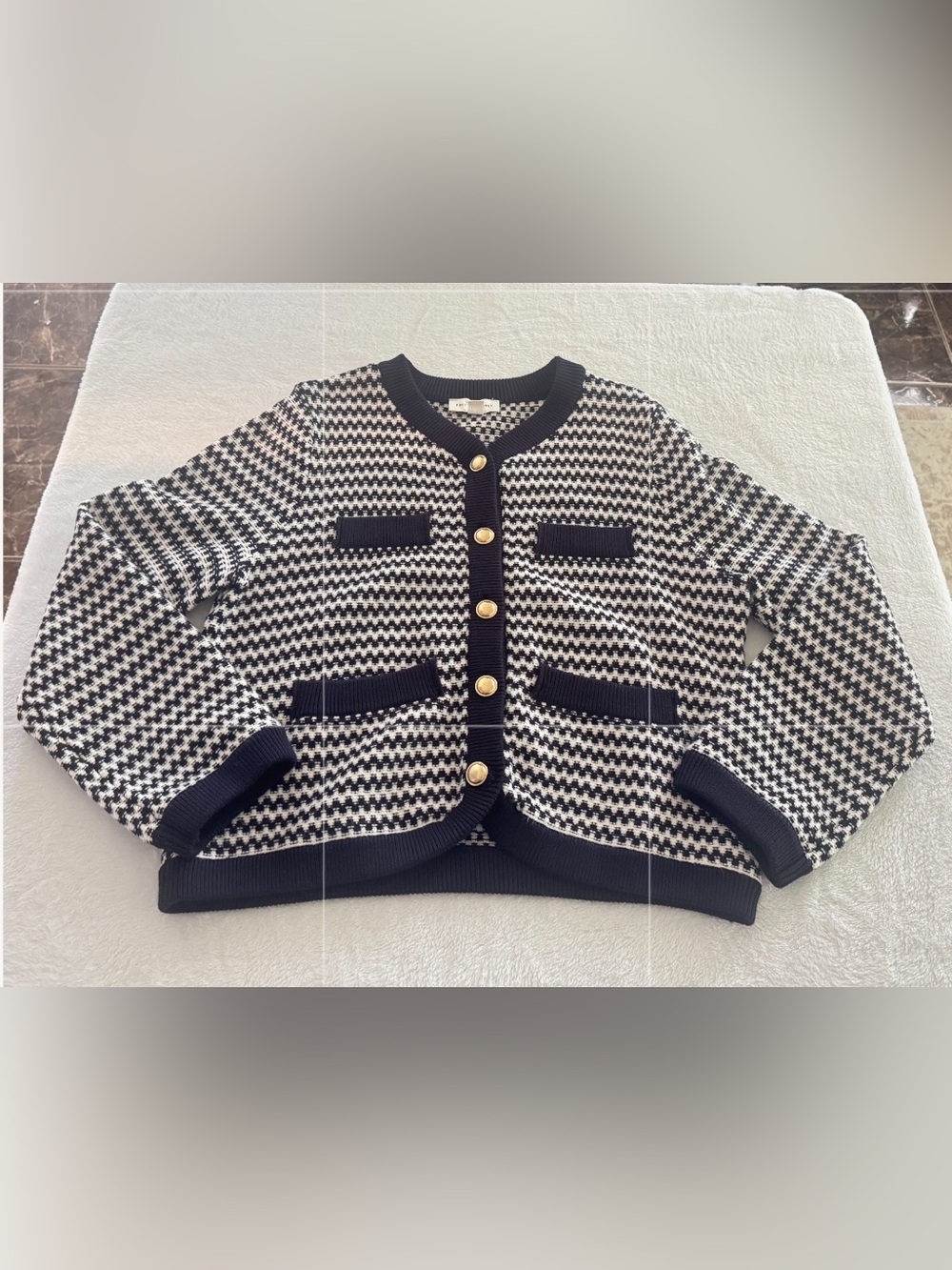 Free Assembly Navy Ivory Textured Cardigan Gold Buttons Size Medium NWTNW